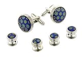 Silver plated blue peacock art glass cufflinks and shirt stud formal set with presentation box. Made in the U.S.A