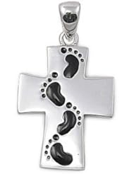 Sterling Silver Jesus Footprints Cross Pendant Love Faith Charm 925 Italy 22mm with 2mm Rope Chain