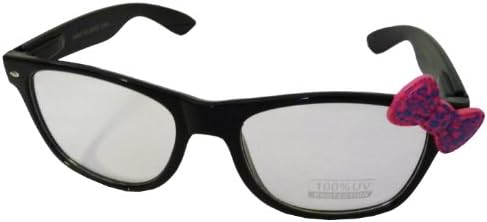 Hello Kitty Classic Wayfer Style Designer Inspired Clear Lens Glasses with Cute Bow Design - Black w/ Pink Bow (Leopard Spots)