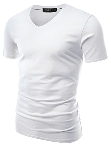Doublju Mens Trendy Regular Fit Plus Size V-Neck T-shirt WHITE, US L / Asia XL