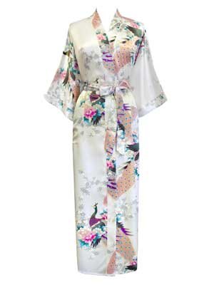 Old Shanghai Women's Kimono Robe - Peacock & Blossoms (Long)