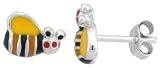 Sterling Silver Child Size Bumble Bee Earrings, w/ Yellow, Black & Orange Enamel Design, 5/16 (8mm) wide