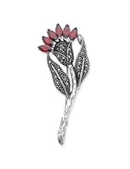 Sterling Silver Marcasite and Red CZ Flower Pin