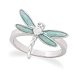 Rhodium Plated Light Blue Enamel CZ Dragonfly Ring-