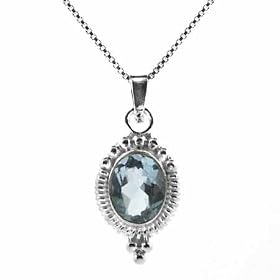 Sterling Silver Bali Bead Genuine Blue Topaz Stone Oval Pendant by SilverSpeck.com