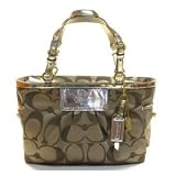Coach Signature Sateen Mirror Metallic Gallery Book Bag Tote Khaki Gold