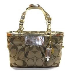 Coach Signature Sateen Mirror Metallic Gallery Book Bag Tote Khaki Gold