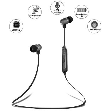 MAXBO® Newest Bluetooth Headphones V4.1 Wireless Bluetooth Stereo Sport Headset In-Ear Earphones with Microphone & Magnet Attraction & Aluminium Alloy Earbuds (Black-1)