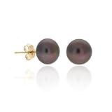 14K Gold Genuine Freshwater Cultured Black 8-8.5mm Button Pearl Stud Earrings