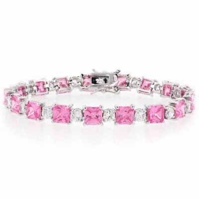 Sterling Silver Square and Circle Pink CZ and Simulated Diamond CZ Tennis Bracelet