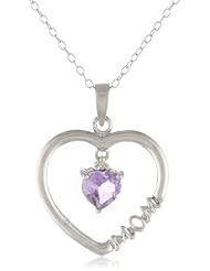 Sterling Silver Diamond Accent Heart with Amethyst Heart Center Mom Pendant Necklace, 18"