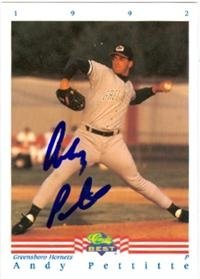 Andy Pettitte autographed baseball card (New York Yankees) Greensboro Hornets