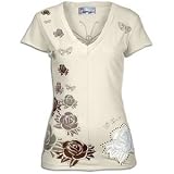 31W7S2TSOuL. SL160  Ed Hardy Floral Butterfly S/S V Neck   Womens ( sz. L, Cream )