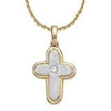14K Two Tone Satin Gold Diamond Cross