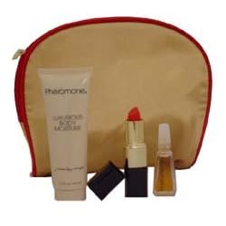 Pheromone by Marilyn Miglin for Women 4 Piece Travel Set Includes: 0.12 oz Miniature Collectible + 1.5 oz Body Lotion + Moisture Balanced Lipstick (Le Rouge) + Cosmetic Bag