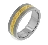 Womens and Mens 7mm Wide Two-Tone Gold Color Etched Stripe Center Brushed Finish Titanium Wedding Band Ring (Size 6,7,8,9,10,11,12)