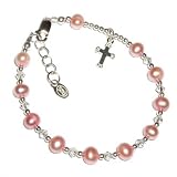 Girls Rosary Bracelet Sterling Silver Childrens Jewelry, This Beautiful Sterling Silver and Soft Pink Freshwater Pearl Rosary Bracelet Accented with Sparkling Crystals Is Perfect for First Communion and Features an Adorable Silver Cross.