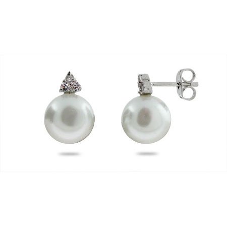 Eve's Addiction Sterling Silver White Pearl Earrings with Diamond CZs