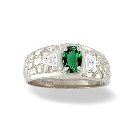 14K White Gold Oval Created Emerald Men's Ring