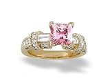 14K Yellow Gold Square Created Pink Sapphire and Diamond Engagement Ring