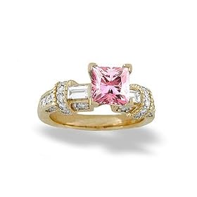 14K Yellow Gold Square Created Pink Sapphire and Diamond Engagement Ring by Jewels For Me