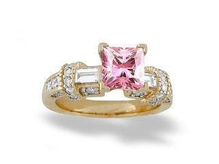 Childrens Toyshop  Jewelry : 14K Yellow Gold Square Created Pink Sapphire and Diamond Engagement Ring