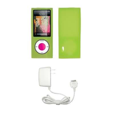 Premium Neon Green Soft Silicone Gel Skin Cover Case + Wall Travel/Home Charger for Apple iPod Nano 5G, 5th Generation [Accessory Export Packaging]