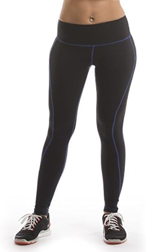 Corrono Yoga Pants - Solid Waistband - High Waist Tummy Control Leggings (L, Blue Line)