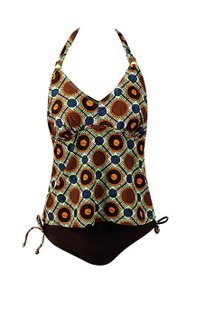 Womens Marina West Two Piece Plus Size Tankini Swimsuit, Geometric Print in Brown, Teal, and Orange