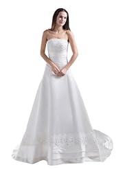 A-line Strapless Satin Beaded Lace-Up  Applique Spring Fall  Dress with a Chapel Train  With a Ribbon  and Rhinestones and a Sash 