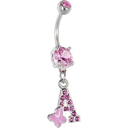 Pink Gem Butterfly Initial Dangle Belly Ring - Letter A