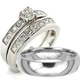 3 Pieces His & Hers, Stainless Steel & Titanium Engagement Wedding Ring Set