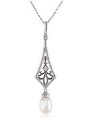 Sterling Silver Freshwater Cultured Pearl and Diamond Art Deco Drop Pendant Necklace, 18