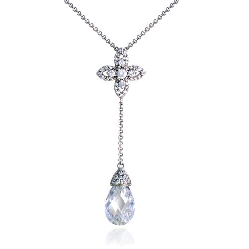 Sterling Silver Cubic Zirconia Cross w/ Briolette Drop Necklace w/ Adjustable Chain by Cheline, 19