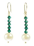 Gold Over Sterling Silver Ear Wire Crystallized Swarovski Elements Bicone Drop Earrings in Birthstone Color and White Freshwater Potato Pearls May Emerald