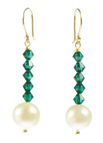 Gold Over Sterling Silver Ear Wire Crystallized Swarovski Elements Bicone Drop Earrings in Birthstone Color and White Freshwater Potato Pearls May Emerald