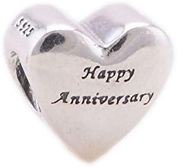Happy Anniversary Sterling Silver &amp;14K Heart Bead Charm Fit Pandora Bracelet