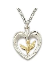 .925 Sterling Silver Holy Spirit Peach Dove Necklace in a 2-Tone Heart Shape Design Christian Jewelry Womens Religious Jewelry Gift Boxed.w/Chain Necklace 18" Length Gift Boxed.