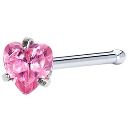 20 Gauge Pink Heart Cubic Zirconia Nose Bone