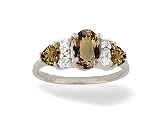 14K White Gold Genuine Oval Smoky Quartz and Diamond 3-Stone Ring