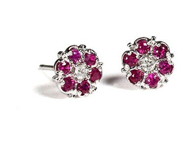 14K White Gold Flower Stud Earrings 7MM, Enhanced with Ruby and Prong Set Diamonds