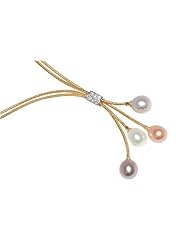 Natural Colored Fresh Water 10.00mm Multi-Colored Drop Pearls, Set on an 18K Yellow Gold Double-Strand Hand-Woven Lariette Necklace, Enhanced with Pave-Set Diamonds.