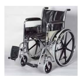 Wheelchair - 18 inches wide. This Fixed arm Wheel chair has Padded fixed arm rests, Detachable swing away footrests, Weight capacity: 250 lbs. This Dual Wheelchair has a heavy duty liners in the back and seat prevents fabric from stretching. See All King Of Cane Products.