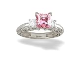14K White Gold Square Created Pink Sapphire and Diamond Engagement Ring