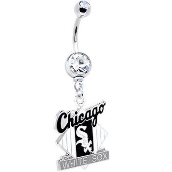 Major League Baseball Logo Double Crystalline GEM Belly Ring - Chicago White Sox