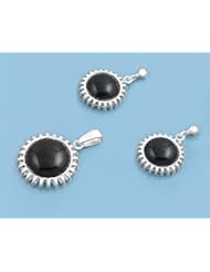 Sterling Silver Onyx Embossed Round Earring Pendant Set