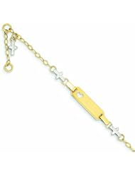 Genuine 14K Two-Tone Polished And Textured Cross Baby Id With .5In Ext. Bracelet 1 Gram Of Gold 100% Satisfaction Guaranteed.