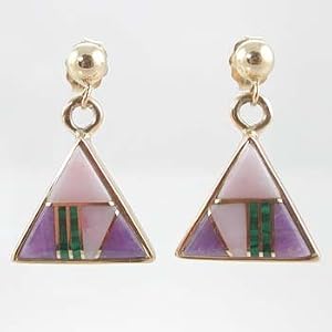 Southwestern Native American Handcrafted Pink Opal, Sugilite, and Malachite Triangular Dangle Earrings in 14 kt. Gold by Calvin Begay, #10421