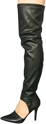 Womens PU Leather Sexy Point Toe Cut Out Stiletto Heel Over Knee Thigh High Boots Black US 7.5