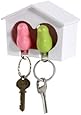 COSMOS White Birdhouse with 2 whistle Sparrow Key Ring Holder (Pink and Green)
